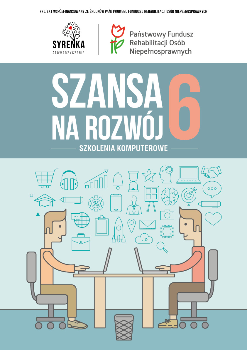 Plakat z napisem "Szansa na rozwój 6 Szkolenie komputerowe", pod spodem grafika pokazująca dwie osoby siedzące przy stoliku z komputerami.