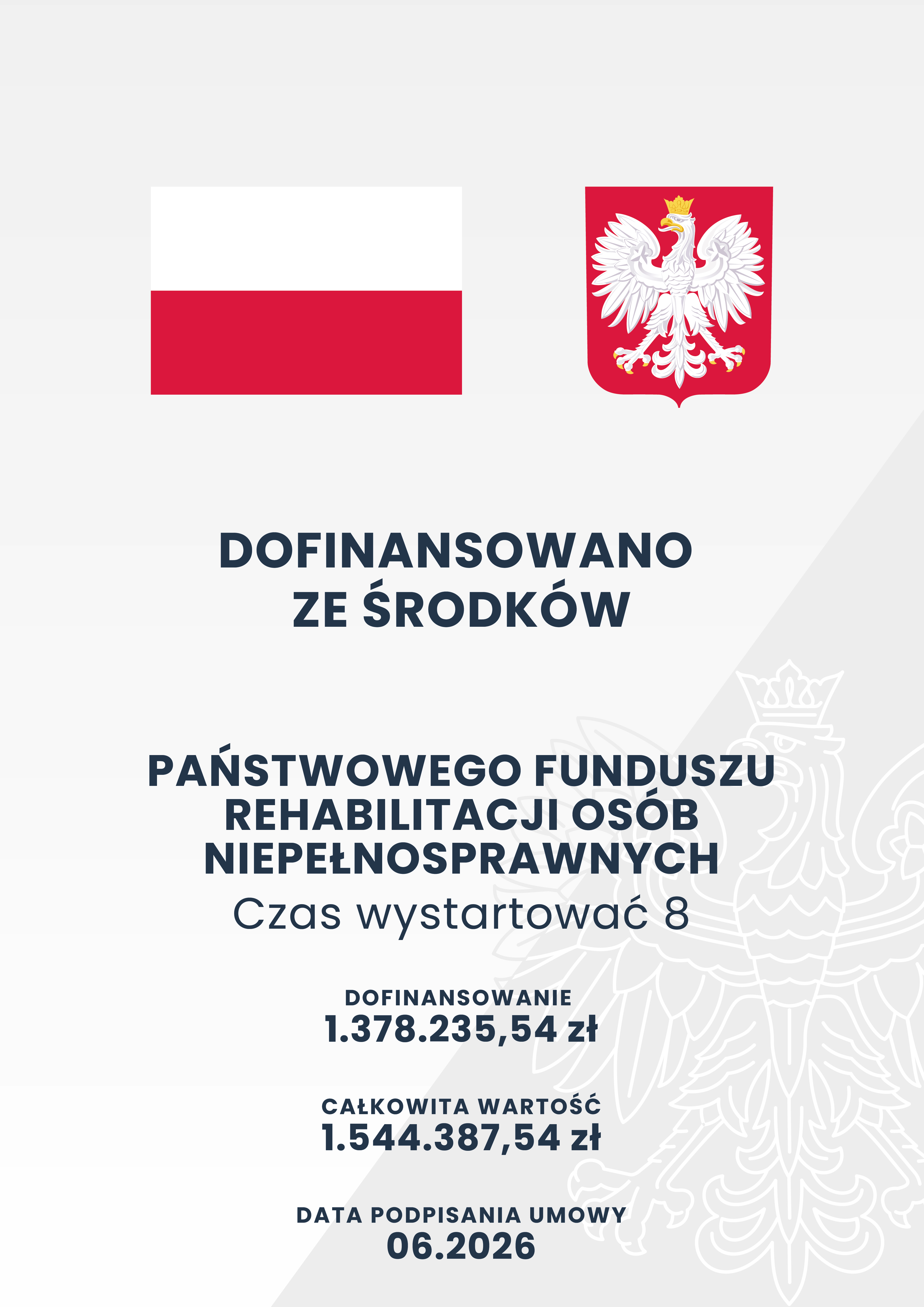 Plakat informujący o kwotach dofinansowania ze środków PFRON w Projekcie Czas wystartować 8.