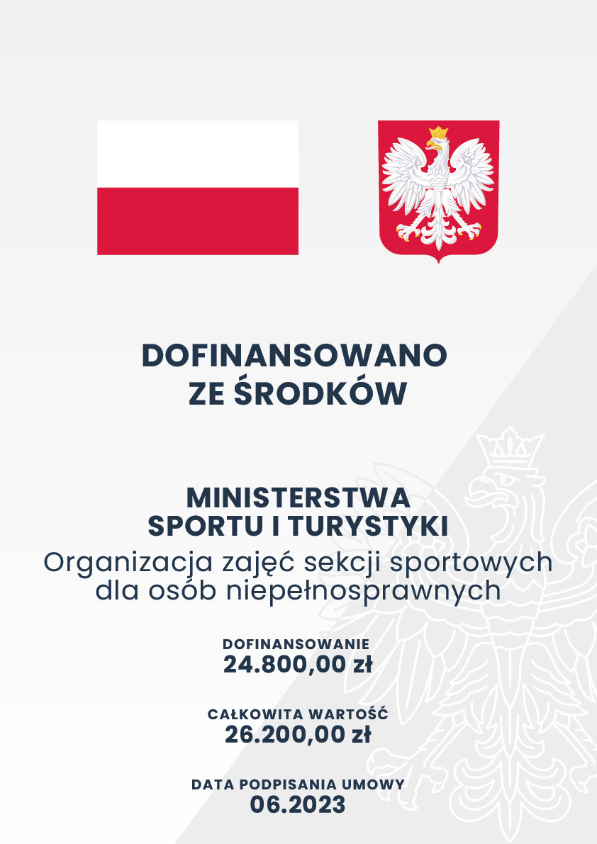Plakat informujący o kwotach dofinansowania ze środków Ministerstwa Sportu i Turysatyki.