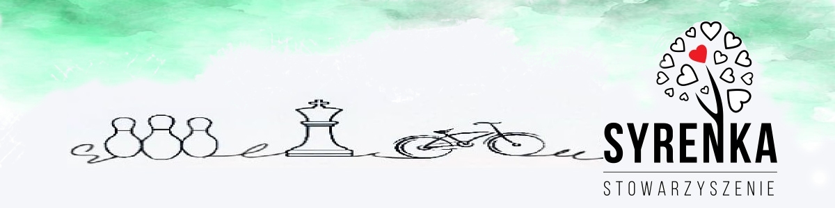 Grafika przedstawiająca od lewej strony: trzy kręgle, figurę szachową króla, rower, Logo Stowarzyszenia Syrenka