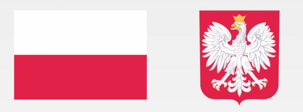 Po lewej stronie flaga Polski, po prawej godło Polski.